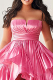 Pink Strapless A Line Ruffles High Low Plus Size Prom Dress