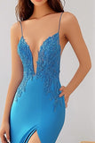 Royal Blue Lace V-Neck Long Mermaid Prom Dress with Slit