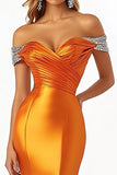 Sparkly Orange Satin Off the Shoulder Long Mermaid Prom Dress with Slit