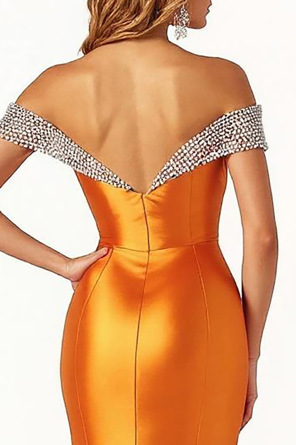 Sparkly Orange Satin Off the Shoulder Long Mermaid Prom Dress with Slit
