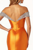 Sparkly Orange Satin Off the Shoulder Long Mermaid Prom Dress with Slit