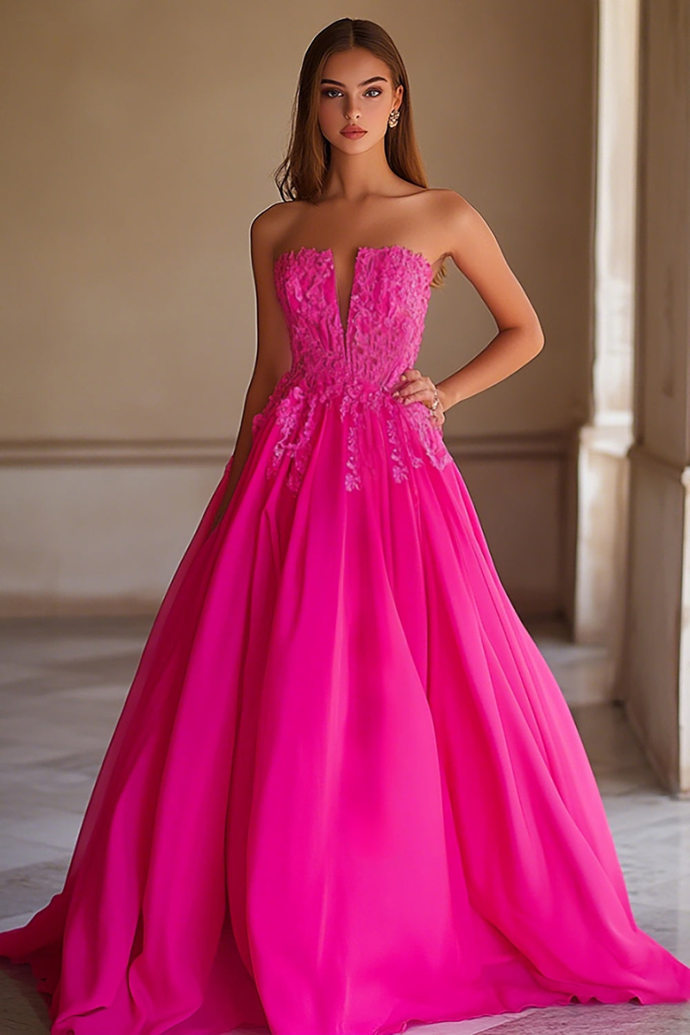 Fuchsia Ball Gown Satin Strapless Long Prom Dress with Lace