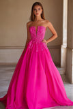 Fuchsia Ball Gown Satin Strapless Long Prom Dress with Lace