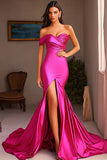 Fuchsia Mermaid One Shoulder Satin Long Prom Dress with Slit
