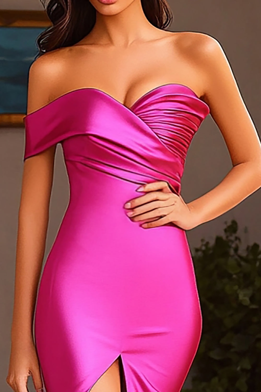 Fuchsia Mermaid One Shoulder Satin Long Prom Dress with Slit