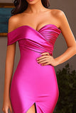 Fuchsia Mermaid One Shoulder Satin Long Prom Dress with Slit