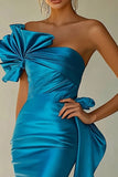Royal Blue Satin Mermaid One Shoulder Long Prom Dress with Slit