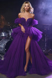 Plum Tulle Off the Shoulder Long Ball Gown Prom Dress with Lace