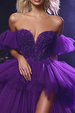 Plum Tulle Off the Shoulder Long Ball Gown Prom Dress with Lace