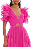 Fuchsia A Line Tulle Cut Out Long Prom Dress with Ruffles