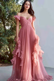 Dusty Rose A Line Chiffon Off The Shoulder Long Prom Dress with Ruffles