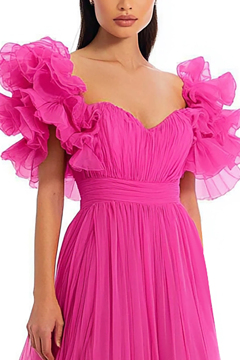 Fuchsia A Line Organza Sweetheart Long Prom Dress with Ruffles