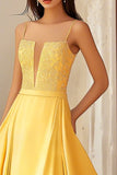 Yellow A-Line Satin Spaghetti Straps Long Prom Dress with Lace