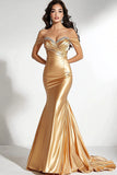 Sparkly Gold Satin Mermaid Off The Shoulder Long Prom Dress with Pleats