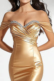 Sparkly Gold Satin Mermaid Off The Shoulder Long Prom Dress with Pleats