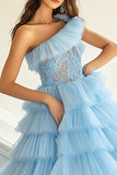 Sky Blue Ball Gown One Shoulder Long Tiered Prom Dress with Ruffles