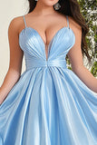 Ball Gown Sky Blue Organza Spaghetti Straps Long Prom Dress