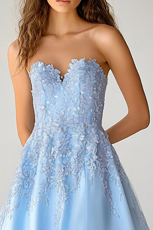 Sky Blue A Line Organza Strapless Long Prom Dress with Slit