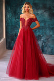Red Tulle Off The Shoulder Ball Gown Long Prom Dress with Lace