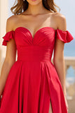 Red Satin A Line Off The Shoulder Long Prom Dress with Slit