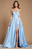 Sky Blue Spaghetti Straps Satin Long A Line Prom Dress with Slit