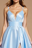 Sky Blue Spaghetti Straps Satin Long A Line Prom Dress with Slit