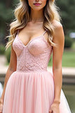 Pink A Line Organza Spaghetti Straps Long Prom Dress with Lace