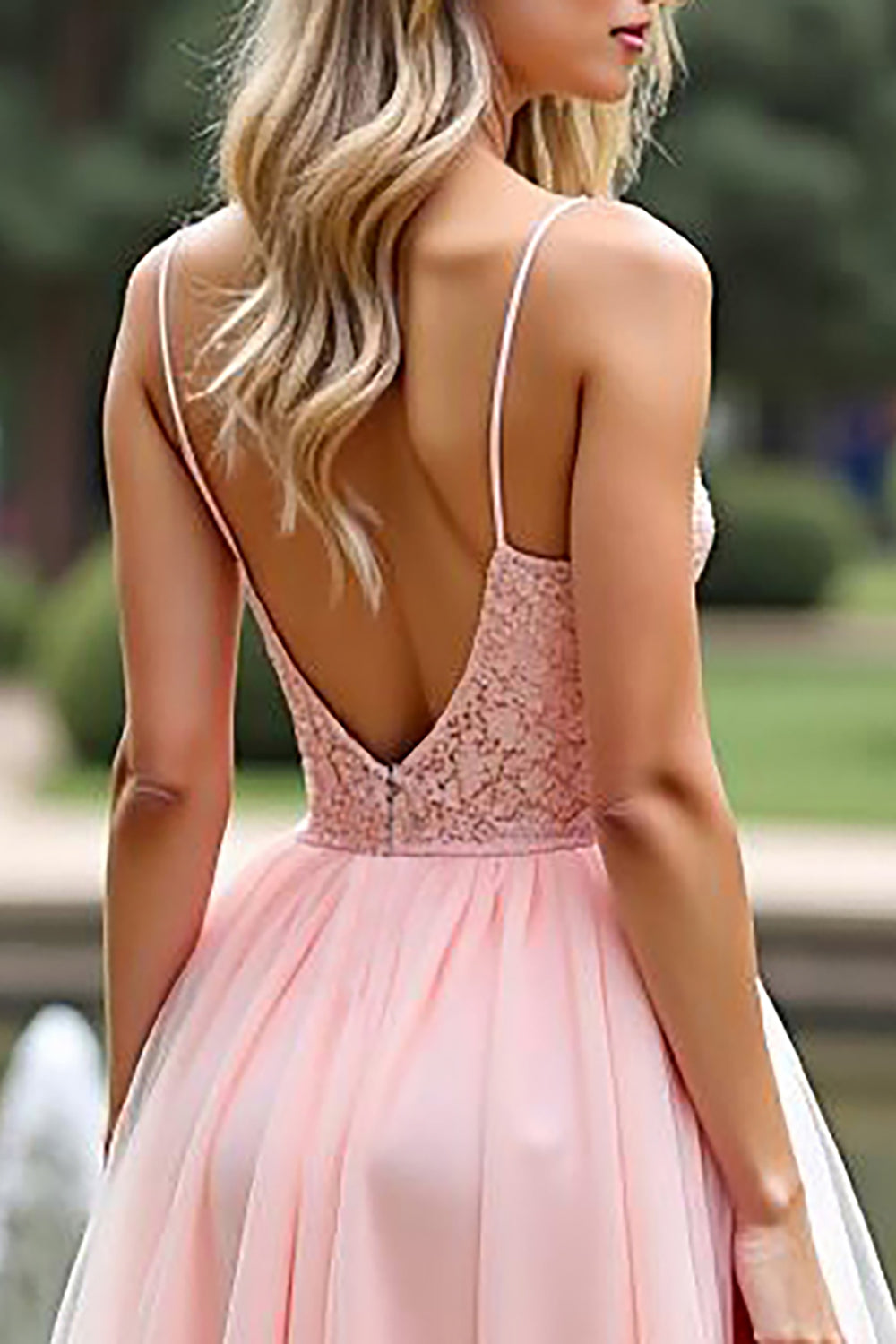 Pink A Line Organza Spaghetti Straps Long Prom Dress with Lace
