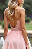 Pink A Line Organza Spaghetti Straps Long Prom Dress with Lace