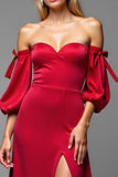 Red Satin Sweetheart Puff Sleeves A Line Long Prom Dress with Slit