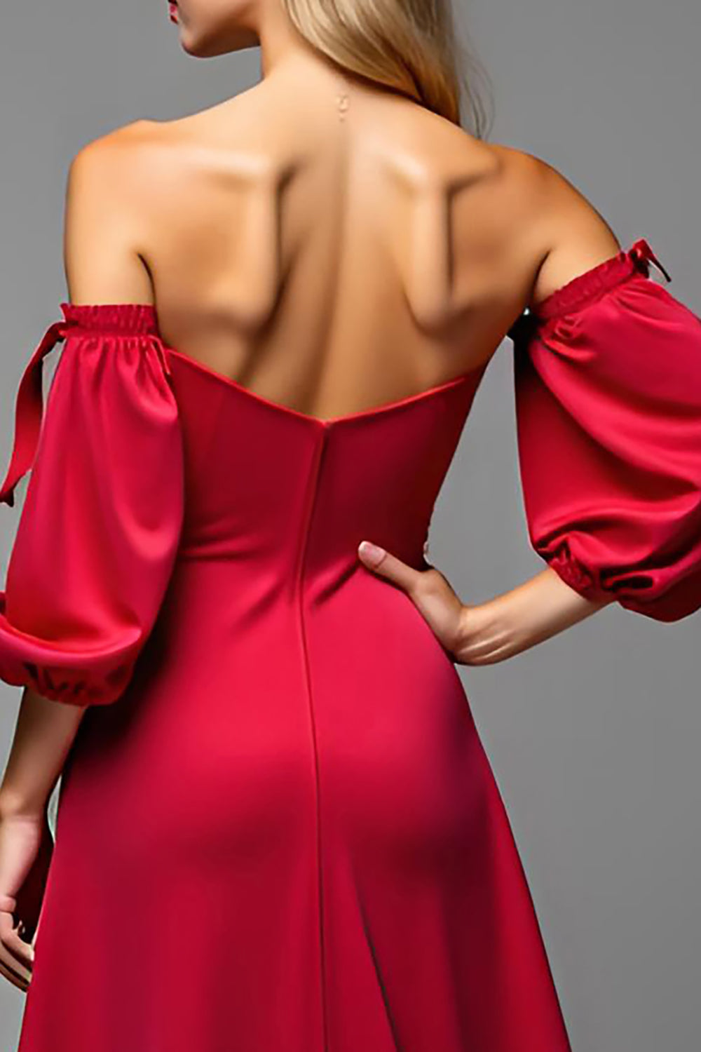 Red Satin Sweetheart Puff Sleeves A Line Long Prom Dress with Slit