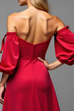 Red Satin Sweetheart Puff Sleeves A Line Long Prom Dress with Slit