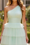 Mint Green One Shoulder Ball Gown Long Prom Dress with Ruffles