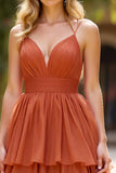 Terracotta Spaghetti Straps Tiered Long Ball Gown Prom Dress with Ruffles