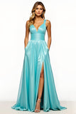Slate Blue A Line Organza V-Neck Long Prom Dress with Pockets
