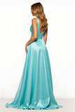 Slate Blue A Line Organza V-Neck Long Prom Dress with Pockets