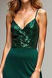 Dark Green Spaghetti Straps V-Neck Long Sheath Prom Dress with Slit