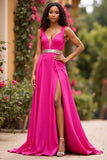 Fuchsia Satin V-Neck Belt Long A Line Prom Dress with Slit