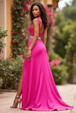 Fuchsia Satin V-Neck Belt Long A Line Prom Dress with Slit