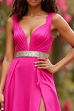 Fuchsia Satin V-Neck Belt Long A Line Prom Dress with Slit