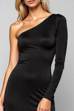Simple Black Satin One Shoulder Long Sheath Prom Dress with Sleeves