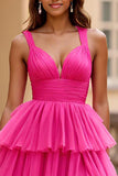 Fuchsia Tulle V-Neck Tiered Long Ball Gown Prom Dress with Slit