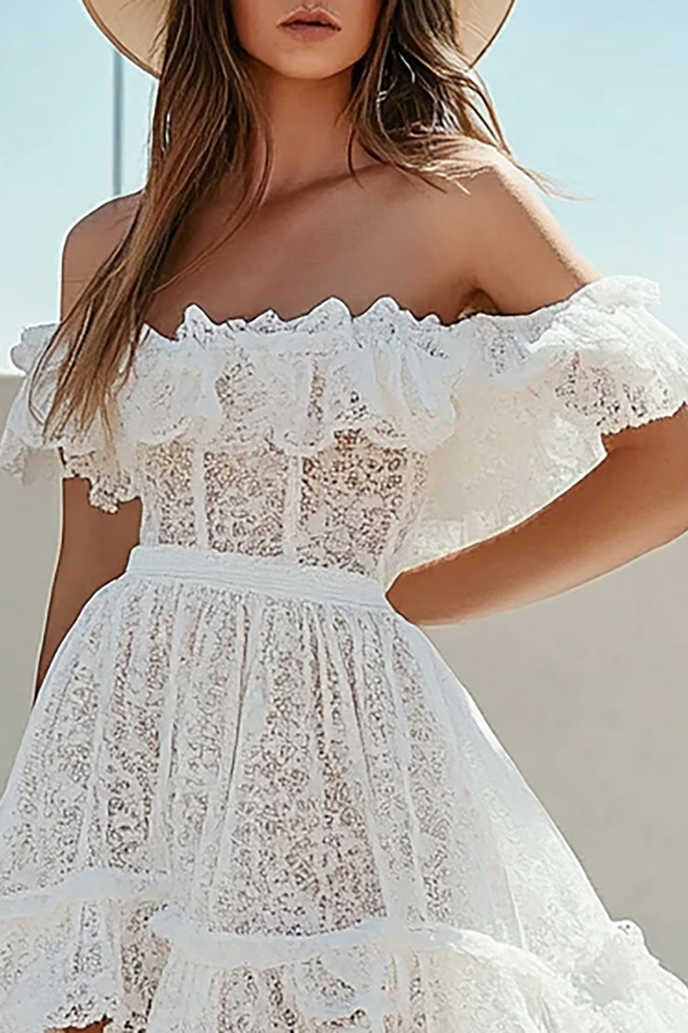 Zapakasa Women White Lace Off The Shoulder High-Low Boho Graduation Dress with Ruffles A Line Little White Dress Zapakasa Women White Lace Off The Shoulder High-Low Boho Graduation Dress with Ruffles A Line Little White Dress