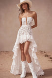 Strapless Lace High-Low Boho Maxi Dress with Ruffles V-Neck A Line Summer Dress