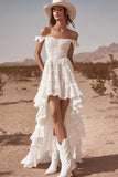 White Lace Off The Shoulder A Line High-Low Boho Maxi Dress
