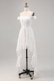 White Off The Shoulder Lace A Line High-Low Boho Maxi Dress