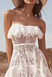 White Lace Strapless High-Low A Line Boho Maxi Dress with Ruffles