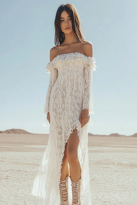 white off shoulder boho dress Tulle Polka Dots Off Shoulder Long Sleeves Boho Wedding Dresses, MW1051