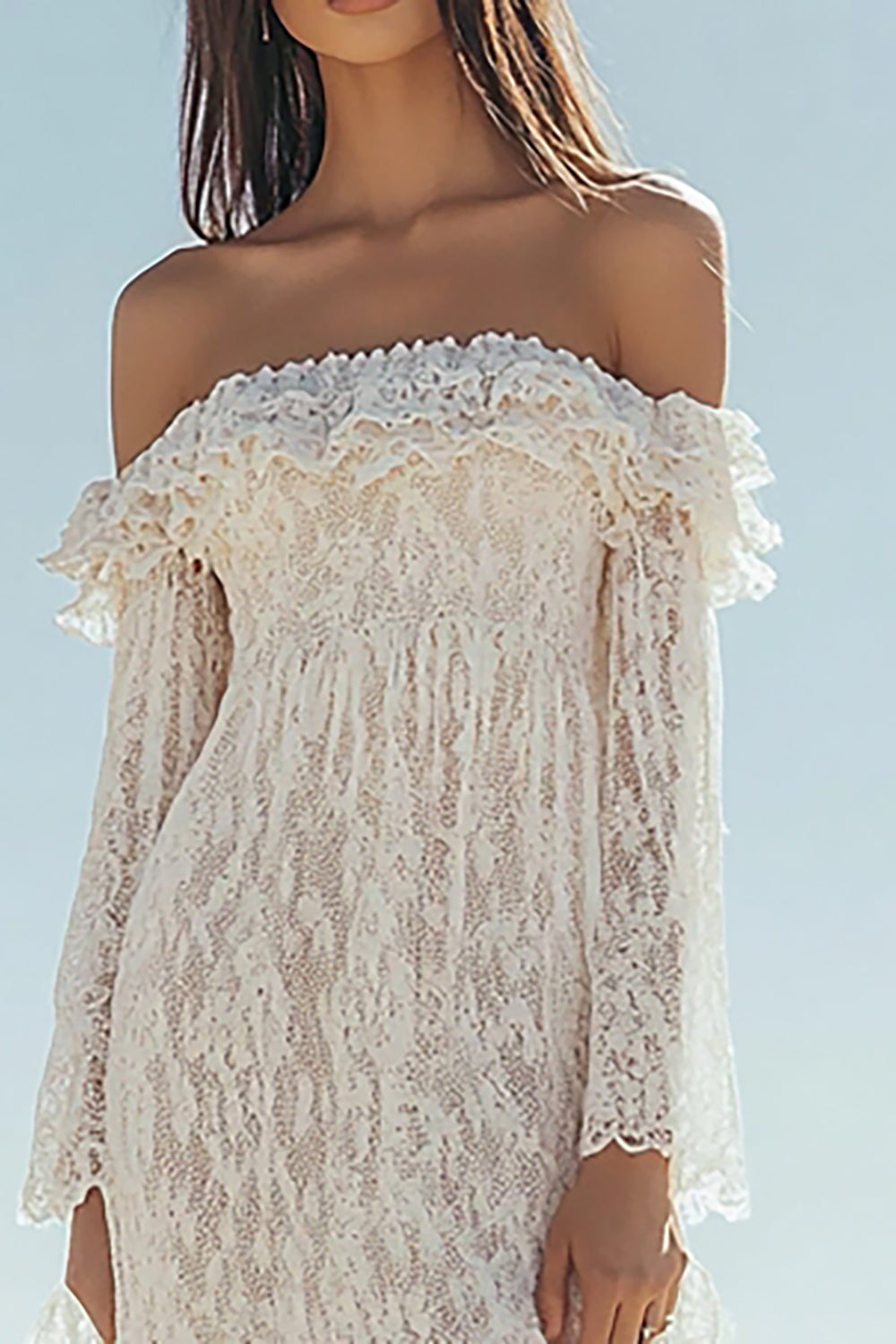 Zapakasa Women White Lace Off The Shoulder Boho Maxi Dress with Ruffles Long Sleeves Summer Dress with Slit Zapakasa Women White Lace Off The Shoulder Boho Maxi Dress with Ruffles Long Sleeves Summer Dress with Slit