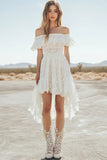 White Lace Off The Shoulder A Line Boho High-Low Graduation Dress